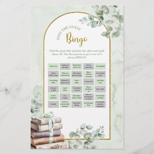 Greenery Storybook Vind de gast Bingo spelletjes (Voorkant)