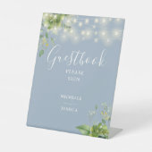 Greenery String Lights Dusty Blue Guestbook Reclamebord Met Voetstuk (Voorkant)