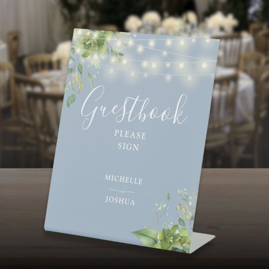 Greenery String Lights Dusty Blue Guestbook Reclamebord Met Voetstuk