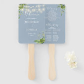 Greenery String Lights Dusty Blue Wedding Program Handwaaier (Voorkant en achterkant)