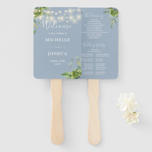 Greenery String Lights Dusty Blue Wedding Program Handwaaier (Voorkant en achterkant)