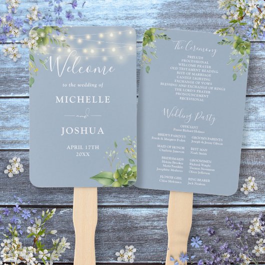 Greenery String Lights Dusty Blue Wedding Program Handwaaier