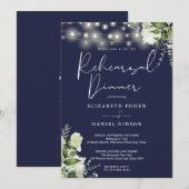 Greenery String Lights Navy Blue Rehearsal Dinner Kaart (Voorkant / Achterkant)