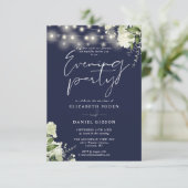 Greenery String Lights Navy Wedding Evening Party Kaart (Staand voorkant)