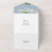 Greenery String Lights QR Code Dusty Blue Wedding All In One Uitnodiging (Buitenkant)