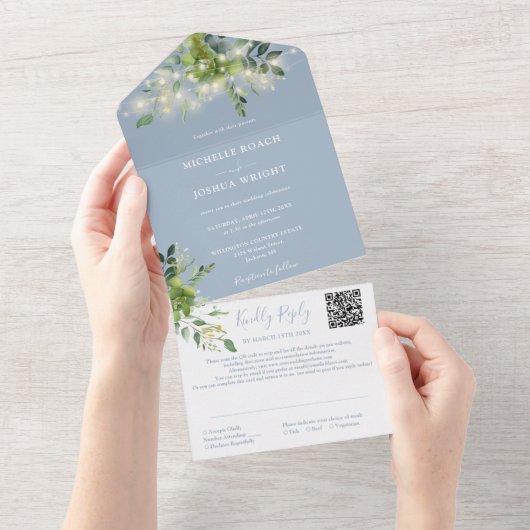 Greenery String Lights QR Code Dusty Blue Wedding All In One Uitnodiging (Afscheurbaar)
