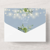 Greenery String Lights QR Code Dusty Blue Wedding All In One Uitnodiging (Achterkant)