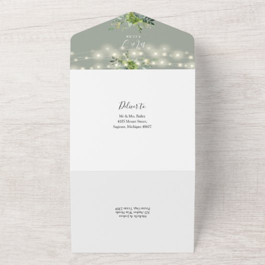 Greenery String Lights QR Code Sage Green Wedding All In One Uitnodiging (Buitenkant)