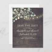 Greenery String Lights Rustic Save the Date Aankondigingskaart (Voorkant / Achterkant)