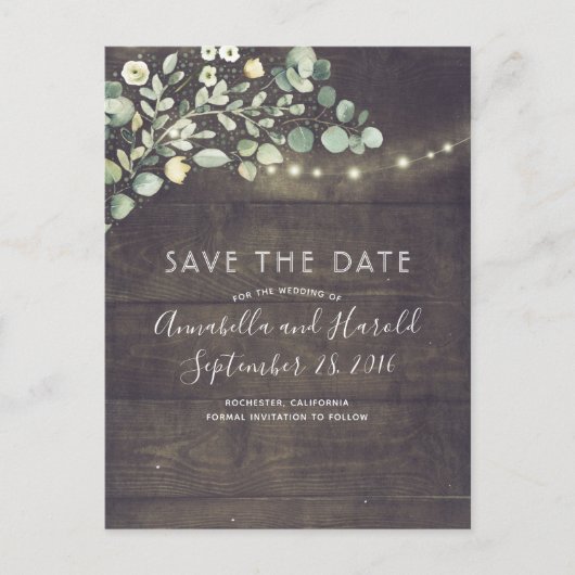 Greenery String Lights Rustic Save the Date Aankondigingskaart (Voorkant)