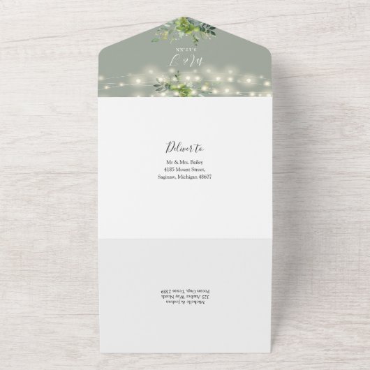 Greenery String Lights Sage Green Wedding All In One Uitnodiging (Buitenkant)