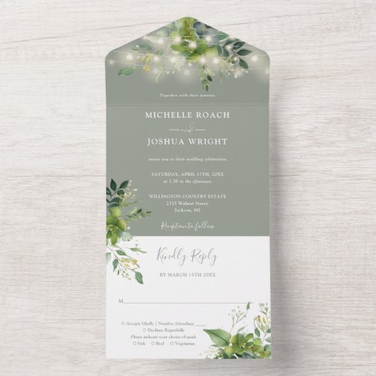 Greenery String Lights Sage Green Wedding All In One Uitnodiging (Binnen)