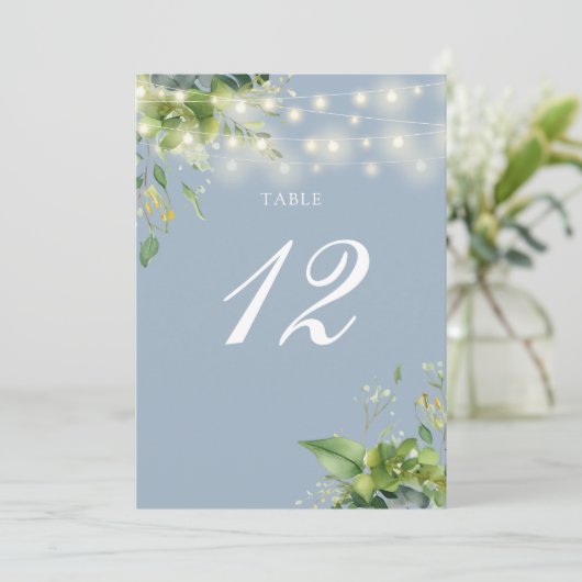 Greenery String Lights Stoffig Blauw Tafelnummer (Staand voorkant)