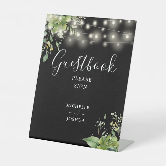 Greenery String Lights Zwart-wit gastenboek Reclamebord Met Voetstuk (Voorkant)