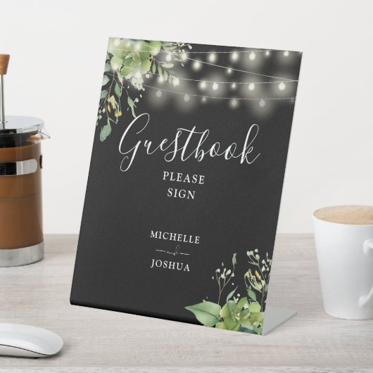 Greenery String Lights Zwart-wit gastenboek Reclamebord Met Voetstuk (Insitu)