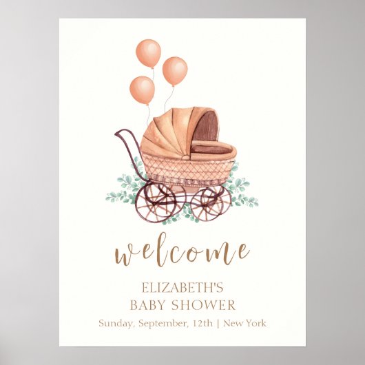 Greenery Stroller Balloon Baby shower Welkom Poster (Voorkant)