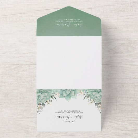 Greenery Succulents and Gold Leaves Wedding All In One Uitnodiging (Buitenkant)