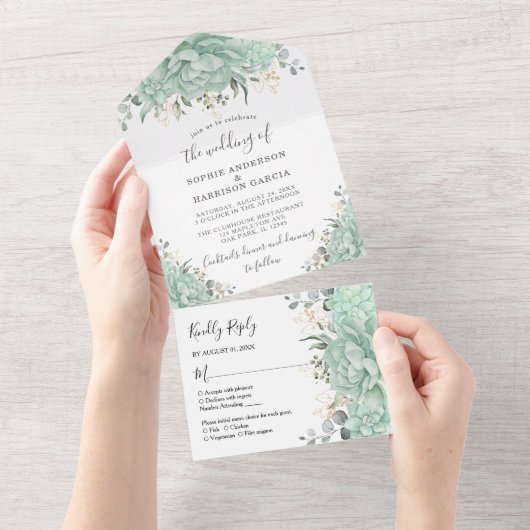 Greenery Succulents and Gold Leaves Wedding All In One Uitnodiging (Afscheurbaar)