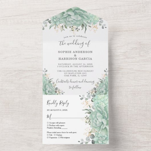 Greenery Succulents and Gold Leaves Wedding All In One Uitnodiging (Binnen)