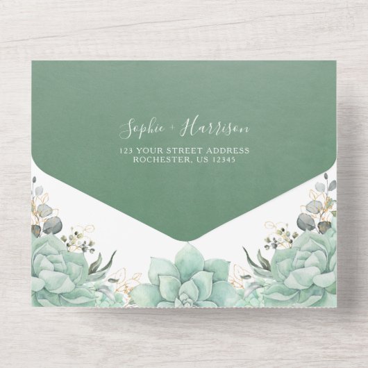 Greenery Succulents and Gold Leaves Wedding All In One Uitnodiging (Achterkant)