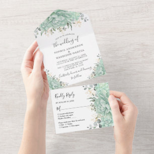 Greenery Succulents and Gold Leaves Wedding All In One Uitnodiging