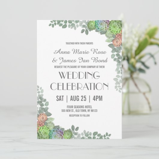 Greenery Succulents Wedding Invitations Kaart (Staand voorkant)
