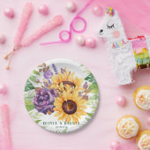 Greenery Sunflower and Paarse Floral Wedding Papieren Bordje (Feest)