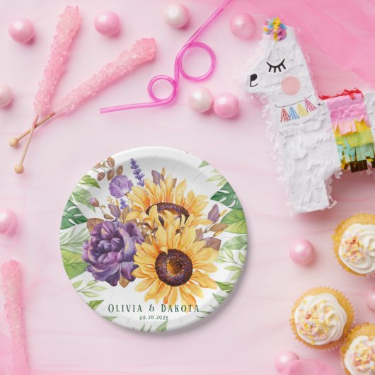 Greenery Sunflower and Paarse Floral Wedding Papieren Bordje (Feest)