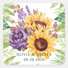 Greenery Sunflower and Paarse Floral Wedding Vierkante Sticker