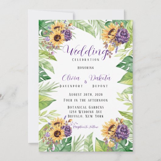 Greenery Sunflower and Paarse Florals Wedding Inv Kaart (Voorkant)