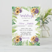 Greenery Sunflower and Paarse Florals Wedding Inv Kaart (Staand voorkant)