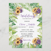 Greenery Sunflower and Paarse Florals Wedding Inv