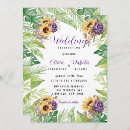 Greenery Sunflower and Paarse Florals Wedding Inv Kaart