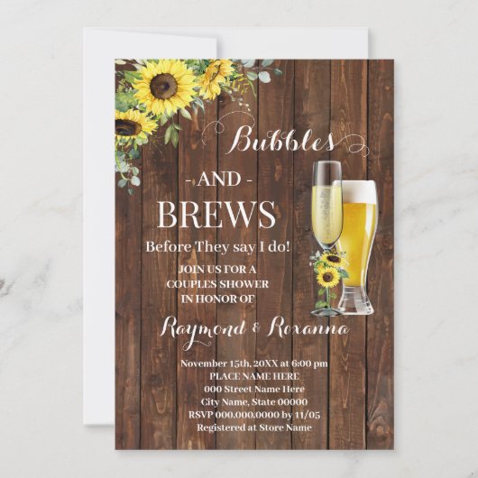 Greenery Sunflower Bubble & Brews Couples Shower Kaart (Voorkant)