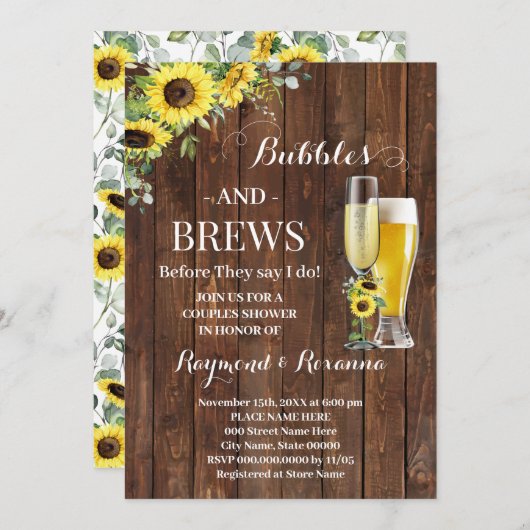 Greenery Sunflower Bubble & Brews Couples Shower Kaart (Voorkant / Achterkant)