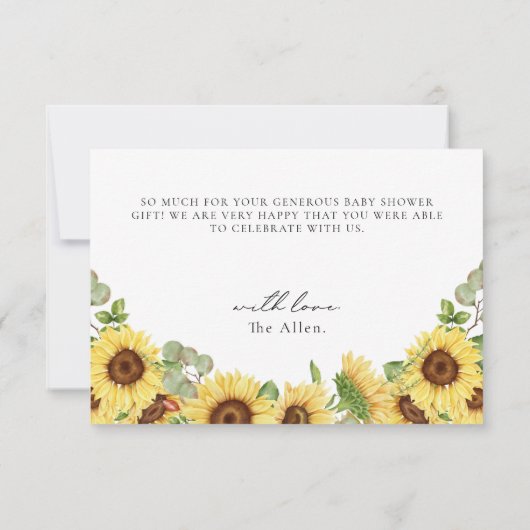 Greenery Sunflower Dank u Baby shower Bedankkaart (Achterkant)