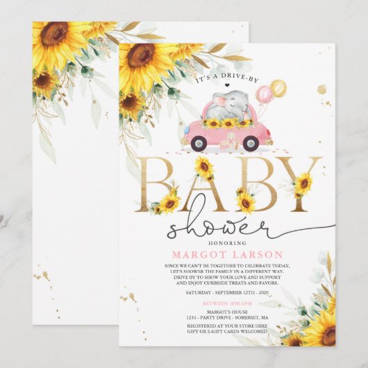 Greenery Sunflower Elephant drive by Baby shower Kaart (Voorkant / Achterkant)