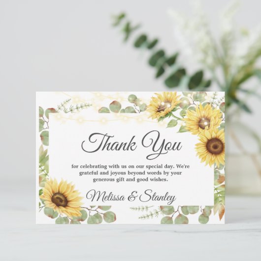 Greenery Sunflower Eucalyptus String Light Wedding Bedankkaart (Staand voorkant)