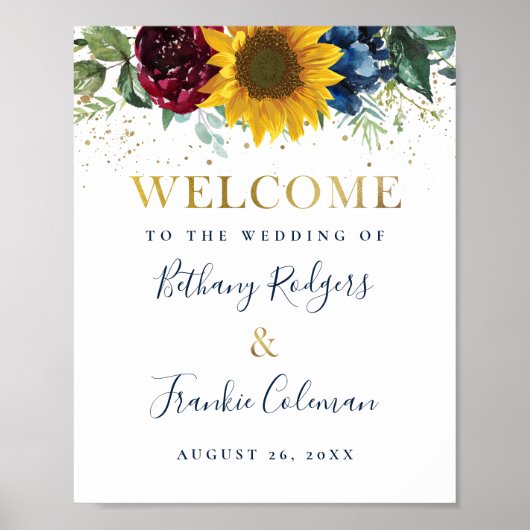 Greenery Sunflower Floral Gold Glitter Wedding Poster (Voorkant)