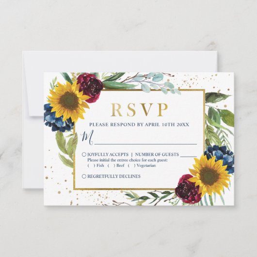 Greenery Sunflower Floral Gold Glitter Wedding RSVP Kaartje (Voorkant)