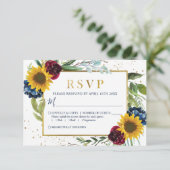 Greenery Sunflower Floral Gold Glitter Wedding RSVP Kaartje (Staand voorkant)