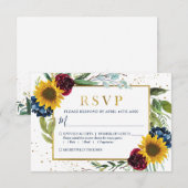 Greenery Sunflower Floral Gold Glitter Wedding RSVP Kaartje (Voorkant / Achterkant)