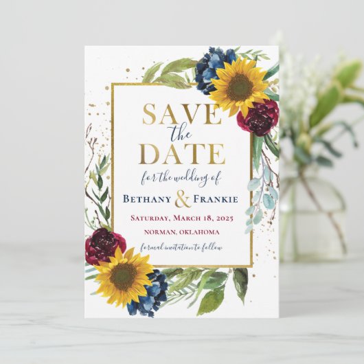 Greenery Sunflower Floral Gold Save the Date Kaart (Staand voorkant)