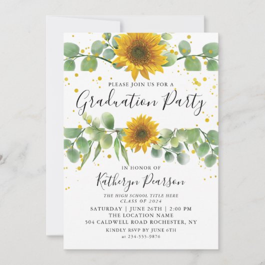 Greenery Sunflower Graduy Party Invitation Kaart (Voorkant)