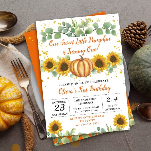 Greenery Sunflower Herfst Pumpkin First Birthday Kaart