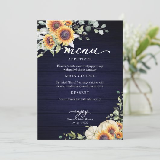 Greenery Sunflower Herfst Vrijgezellenfeest Menu Kaart (Staand voorkant)