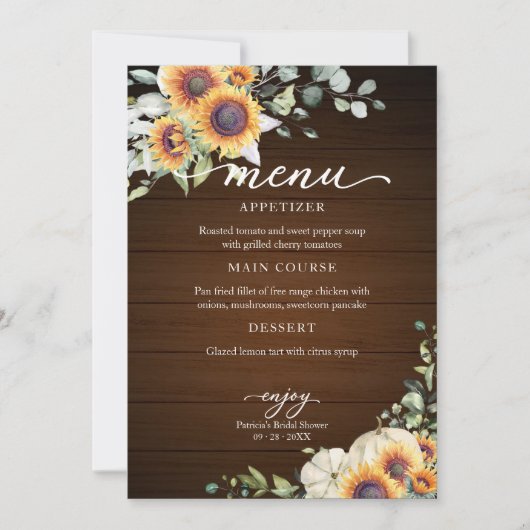 Greenery Sunflower Herfst Vrijgezellenfeest Menu Kaart (Voorkant)