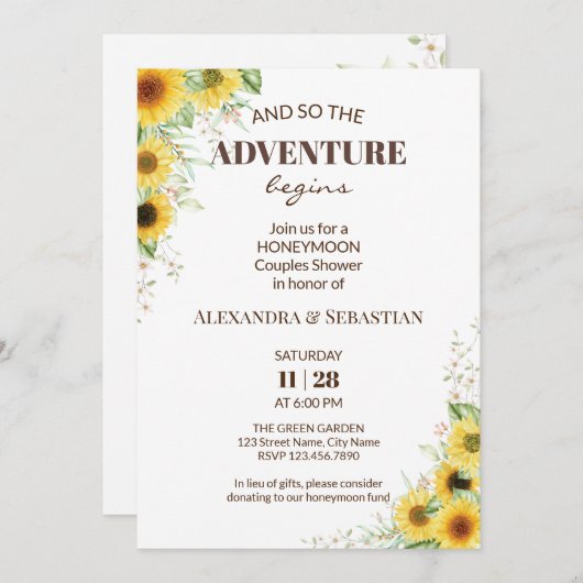 Greenery Sunflower Honeymoon Shower Uitnodiging (Voorkant / Achterkant)