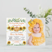 Greenery Sunflower Pumpkin Autumn Birthday Photo Kaart (Staand voorkant)