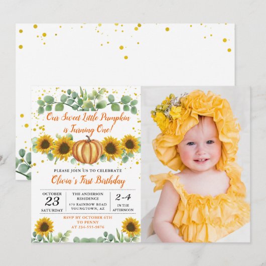 Greenery Sunflower Pumpkin Autumn Birthday Photo Kaart (Voorkant / Achterkant)